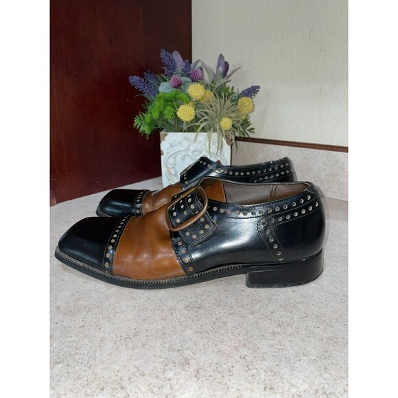Vintage Handmade Two-Tone Leather Studded Monk Strap Dress Shoes Black & Brown - Picture 11 of 11